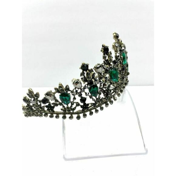 Green Black Rhinestone Bronze Tone Metal Tiara Crown Elegant Bridal Prom NEW - Picture 8 of 10